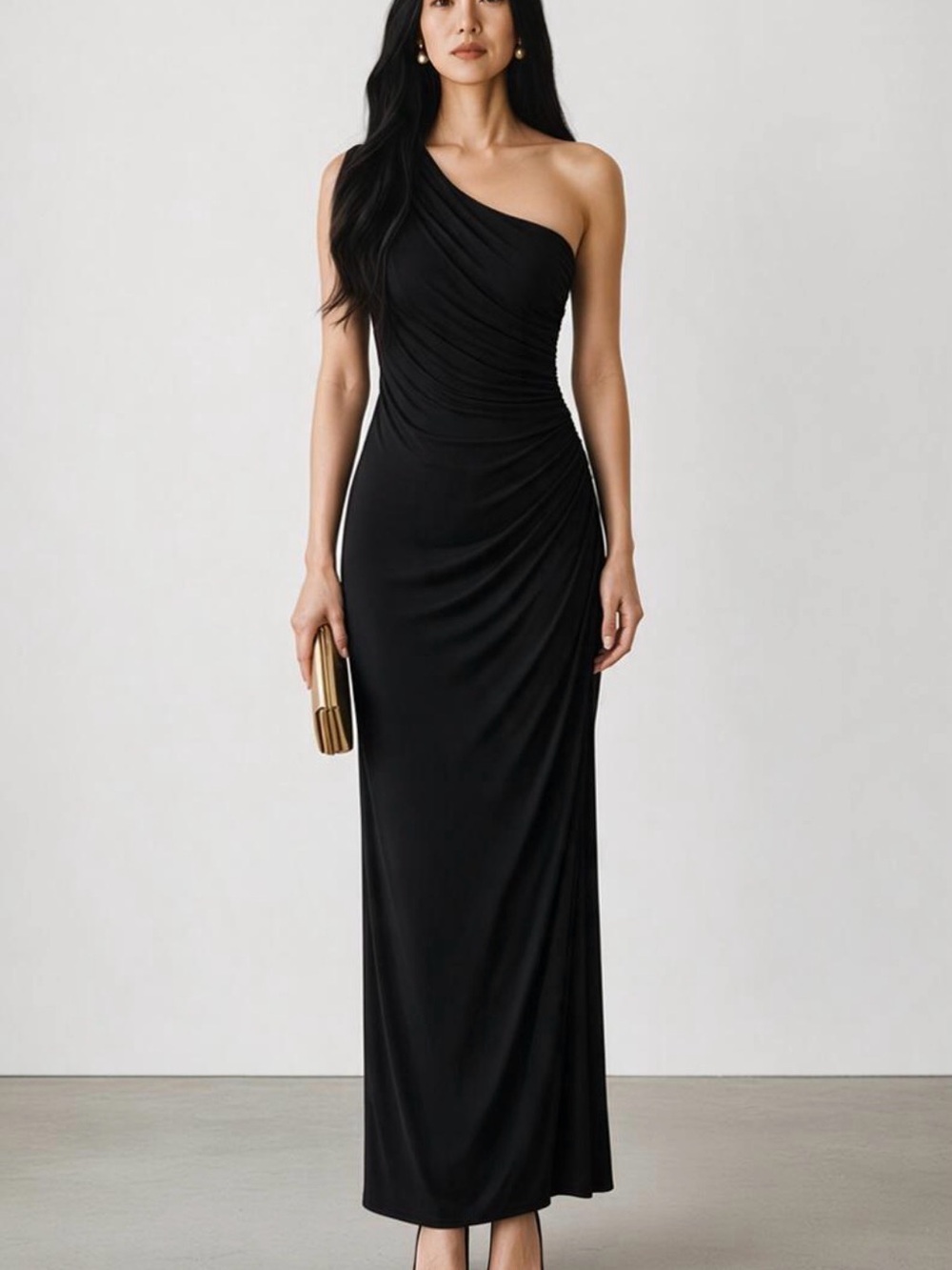 Betsy Adam black formal evening maxi dress One-Shoulder Black Evening Gown